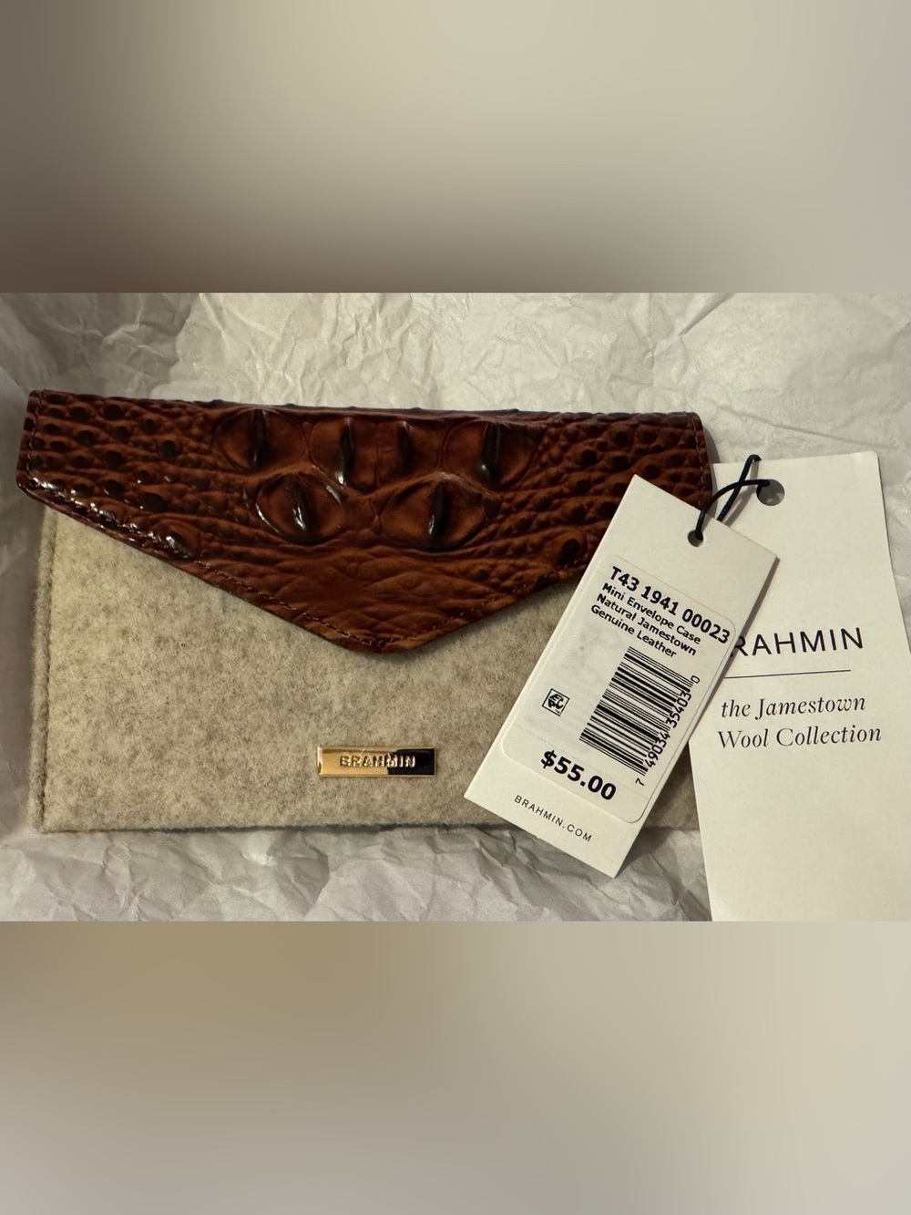 Brahmin Jamestown Collection Pecan Leather & Natural Wool Mini Envelope Case